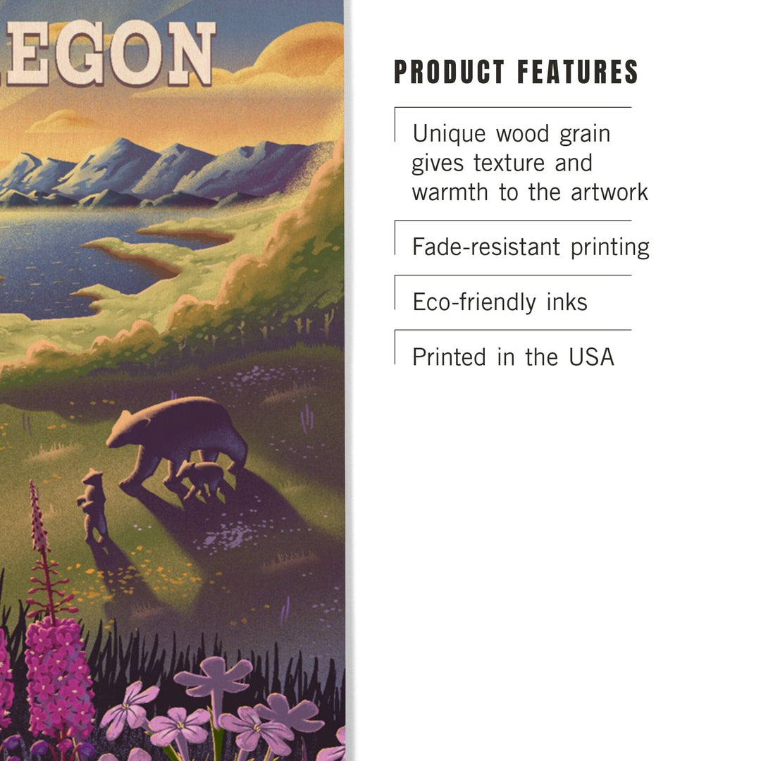 Oregon, Bear and Spring Flowers, Lithograph, Wood Signs and Postcards Wood Lantern Press 