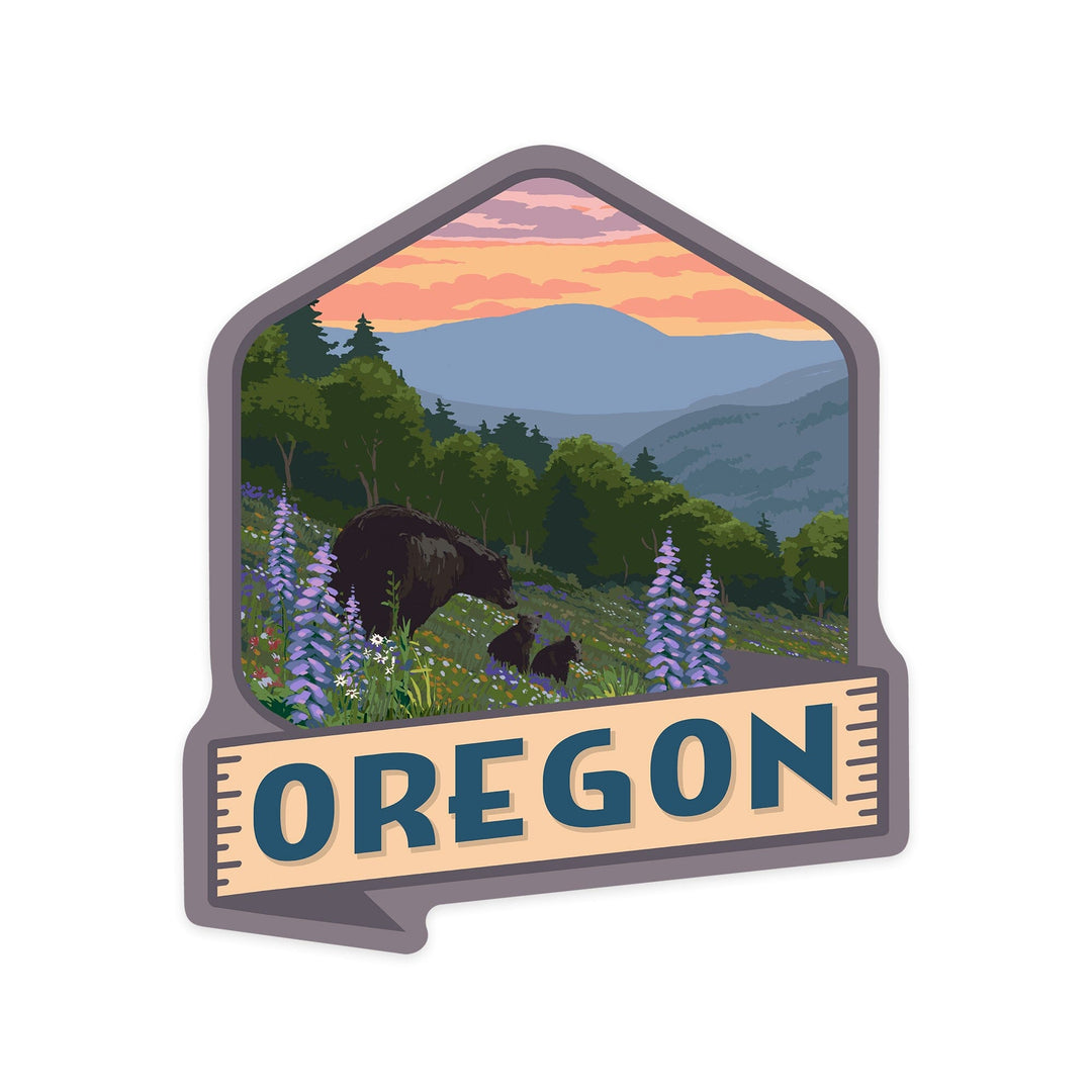 Oregon, Bear & Spring Flowers, Contour, Lantern Press Artwork, Vinyl Sticker Sticker Lantern Press 