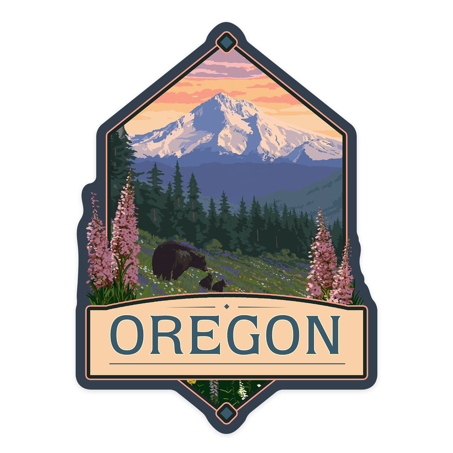 Oregon, Bears and Spring Flowers, Contour, Vinyl Sticker Sticker Lantern Press 