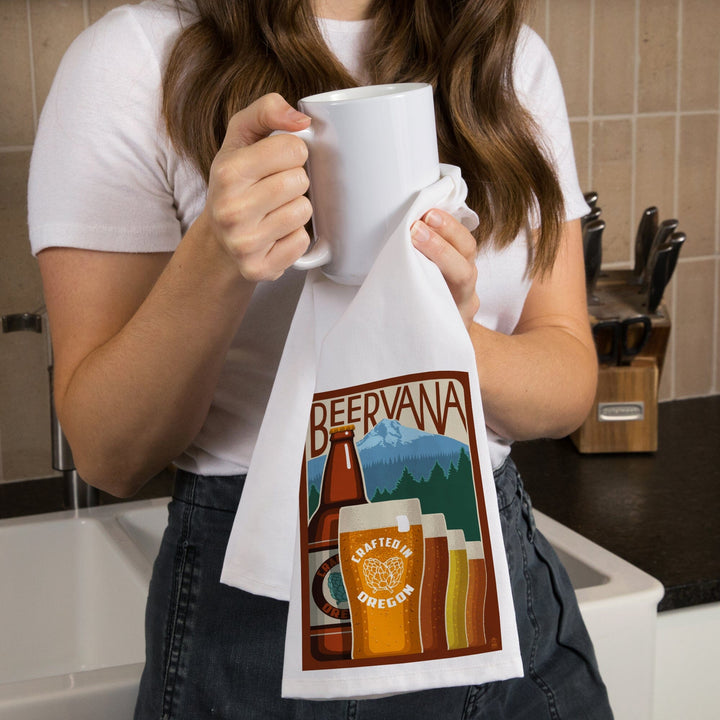 Oregon Beers, Beervana, Vintage Sign, Organic Cotton Kitchen Tea Towels Kitchen Lantern Press 