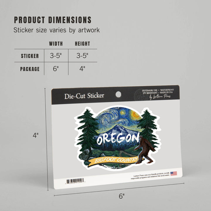 Oregon, Bigfoot Country, Starry Night, Contour, Vinyl Sticker Sticker Lantern Press 