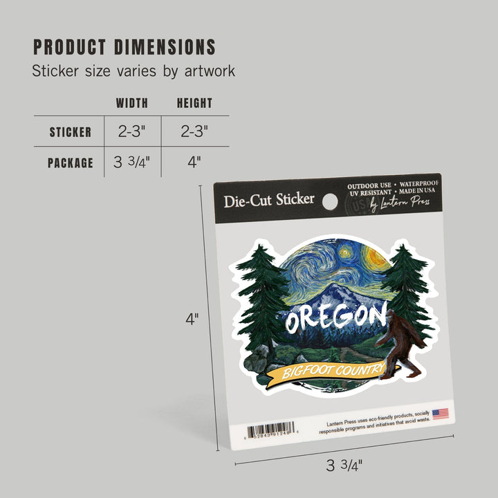 Oregon, Bigfoot Country, Starry Night, Contour, Vinyl Sticker Sticker Lantern Press 