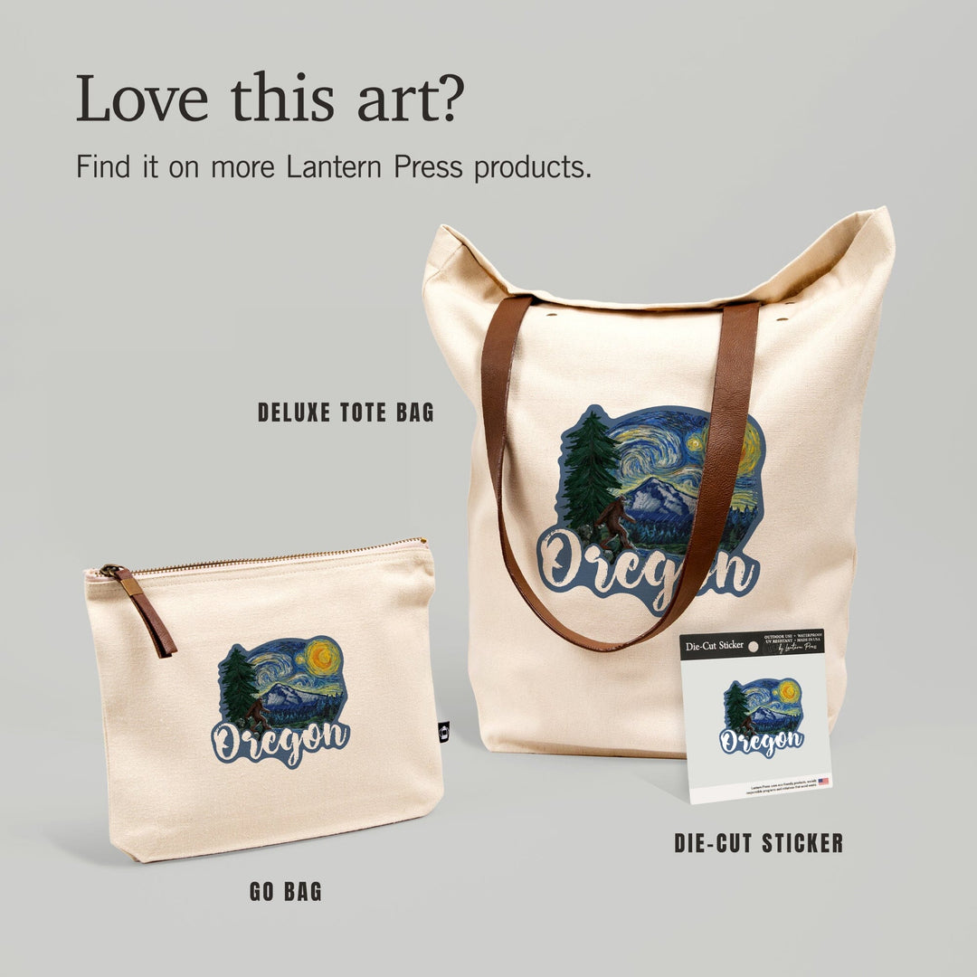 Oregon, Bigfoot, Starry Night, Contour, Lantern Press Artwork, Accessory Go Bag Totes Lantern Press 