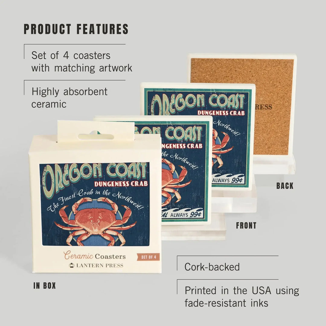 Oregon Coast, Dungeness Crab Vintage Sign, Coasters Coasters Lantern Press 