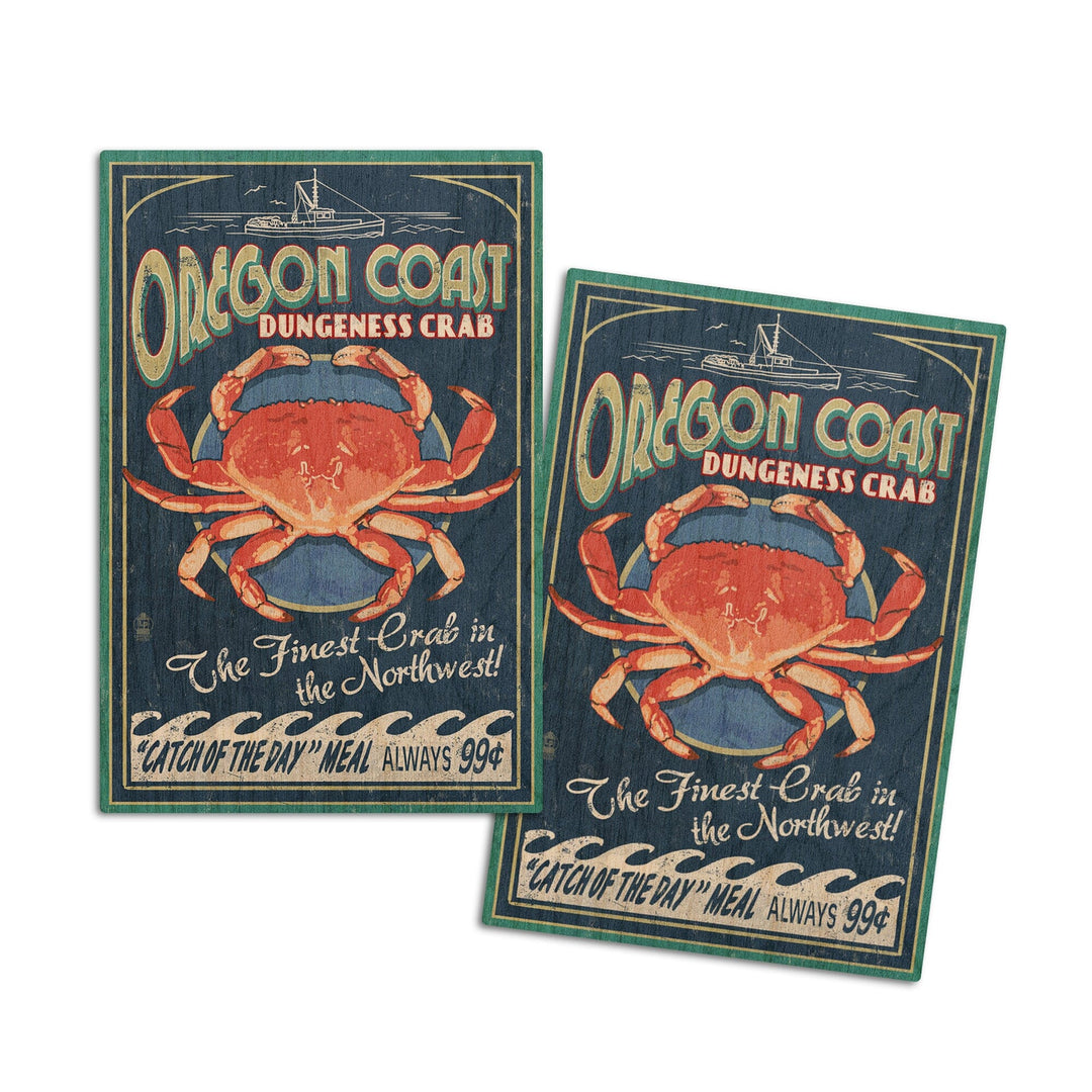 Oregon Coast, Dungeness Crab Vintage Sign, Lantern Press Artwork, Wood Signs and Postcards Wood Lantern Press 4x6 Wood Postcard Set 