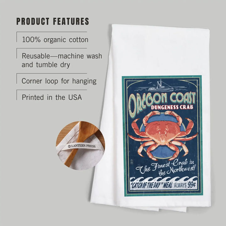 Oregon Coast, Dungeness Crab Vintage Sign, Organic Cotton Kitchen Tea Towels Kitchen Lantern Press 