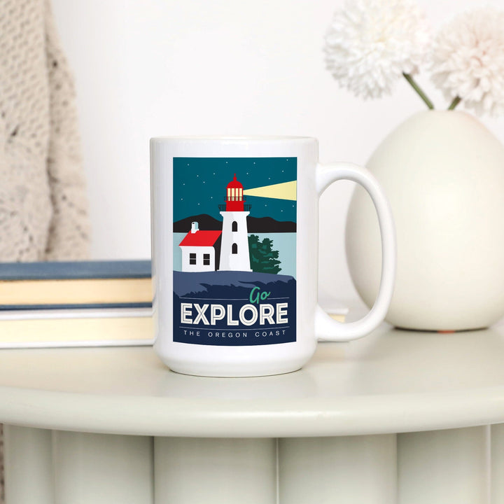 Oregon Coast, Go Explore (Lighthouse), Lantern Press Artwork, Ceramic Mug Mugs Lantern Press 