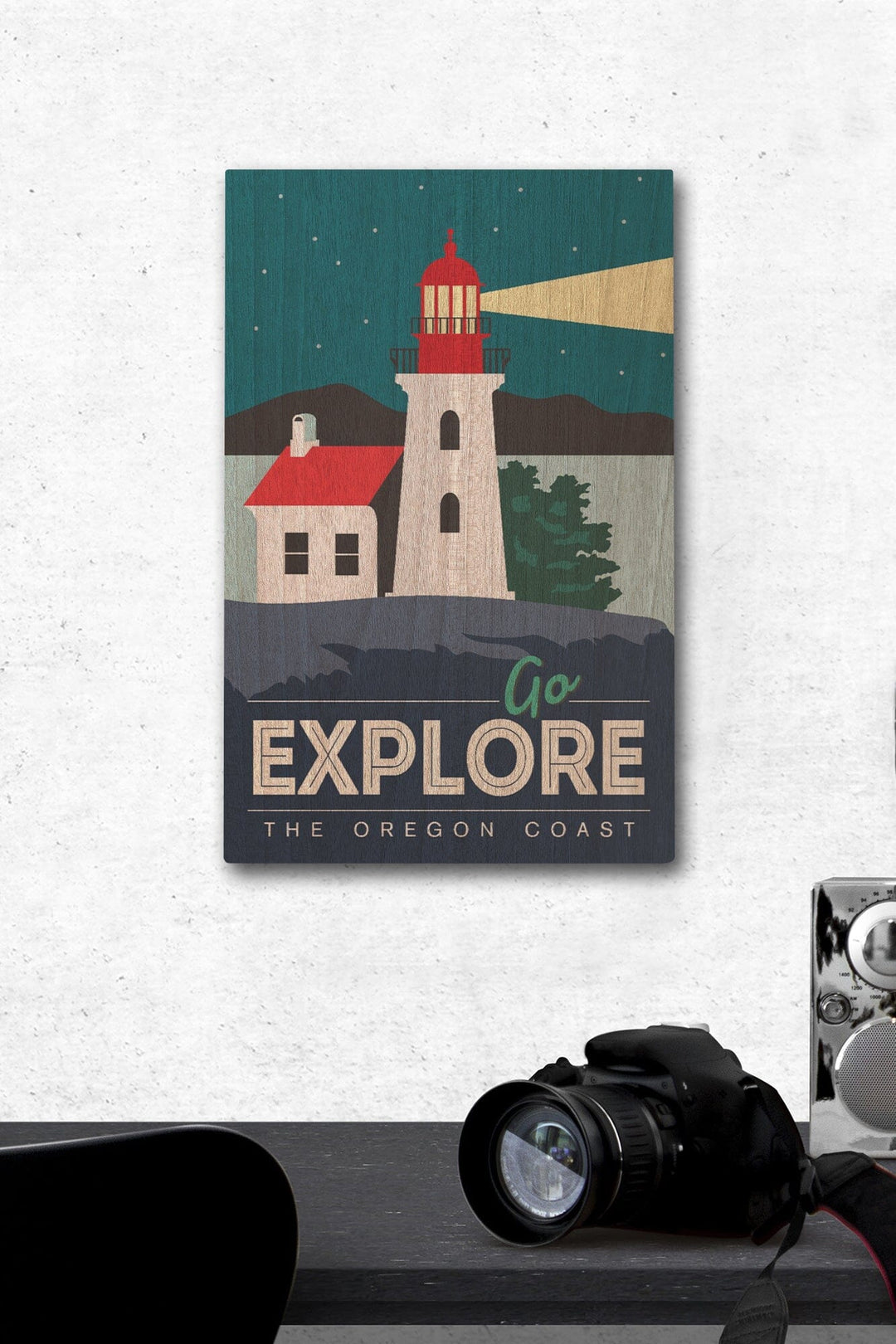 Oregon Coast, Go Explore (Lighthouse), Lantern Press Artwork, Wood Signs and Postcards Wood Lantern Press 12 x 18 Wood Gallery Print 