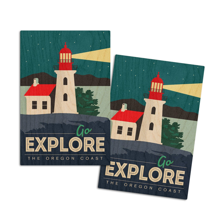 Oregon Coast, Go Explore (Lighthouse), Lantern Press Artwork, Wood Signs and Postcards Wood Lantern Press 4x6 Wood Postcard Set 