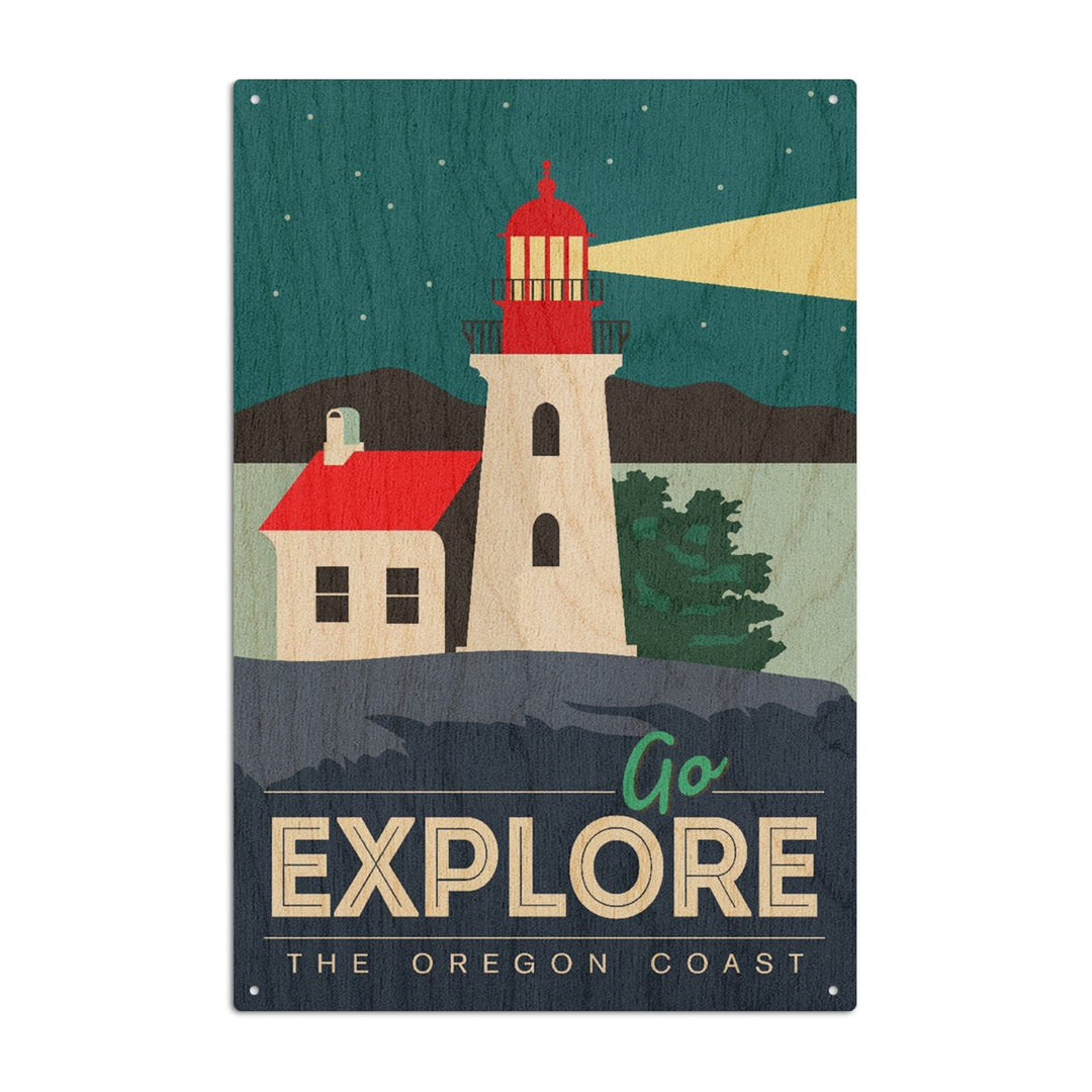 Oregon Coast, Go Explore (Lighthouse), Lantern Press Artwork, Wood Signs and Postcards Wood Lantern Press 6x9 Wood Sign 