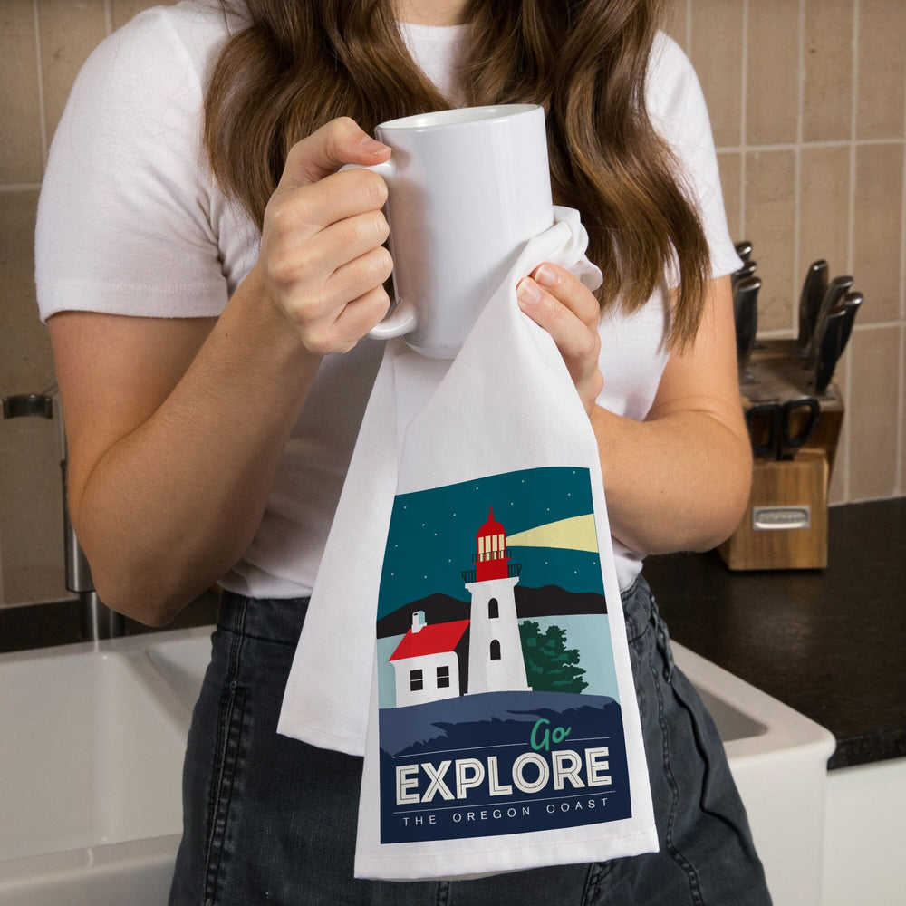 Oregon Coast, Go Explore (Lighthouse), Organic Cotton Kitchen Tea Towels Kitchen Lantern Press 