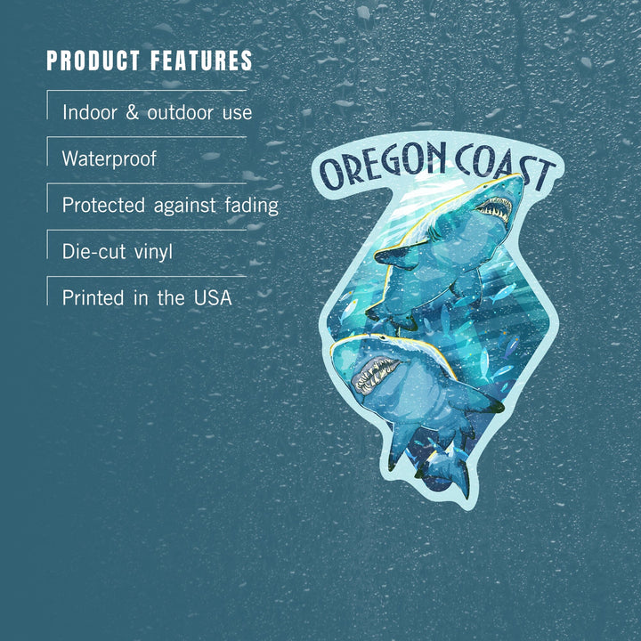 Oregon Coast, Great White Sharks, Contour, Vinyl Sticker Sticker Lantern Press 