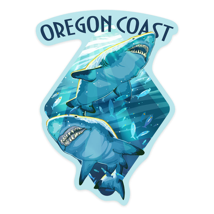 Oregon Coast, Great White Sharks, Contour, Vinyl Sticker Sticker Lantern Press 