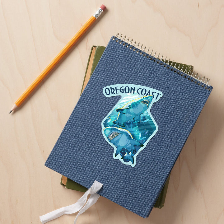 Oregon Coast, Great White Sharks, Contour, Vinyl Sticker Sticker Lantern Press 