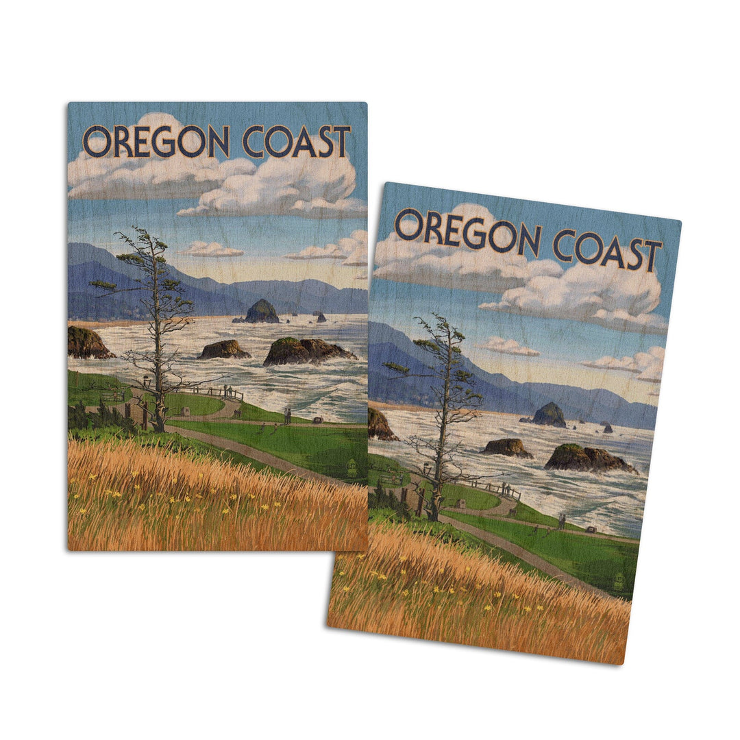 Oregon Coast, Haystack Rock Scene, Lantern Press Artwork, Wood Signs and Postcards Wood Lantern Press 4x6 Wood Postcard Set 