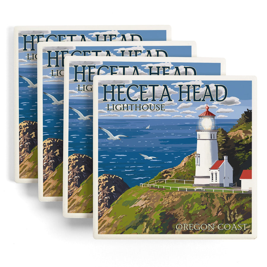 Oregon Coast, Heceta Head Lighthouse, Lantern Press Artwork, Coaster Set Coasters Lantern Press 