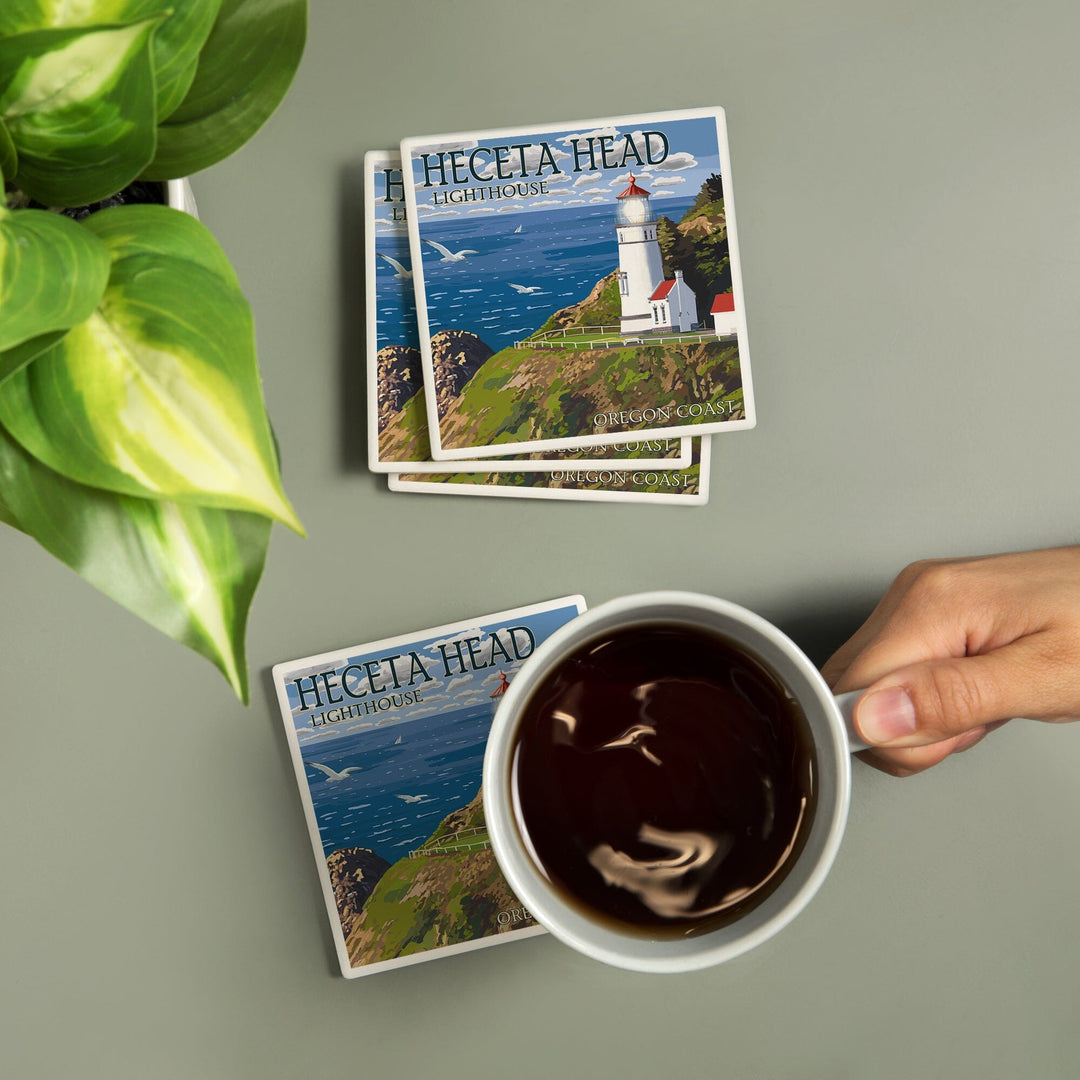 Oregon Coast, Heceta Head Lighthouse, Lantern Press Artwork, Coaster Set Coasters Lantern Press 