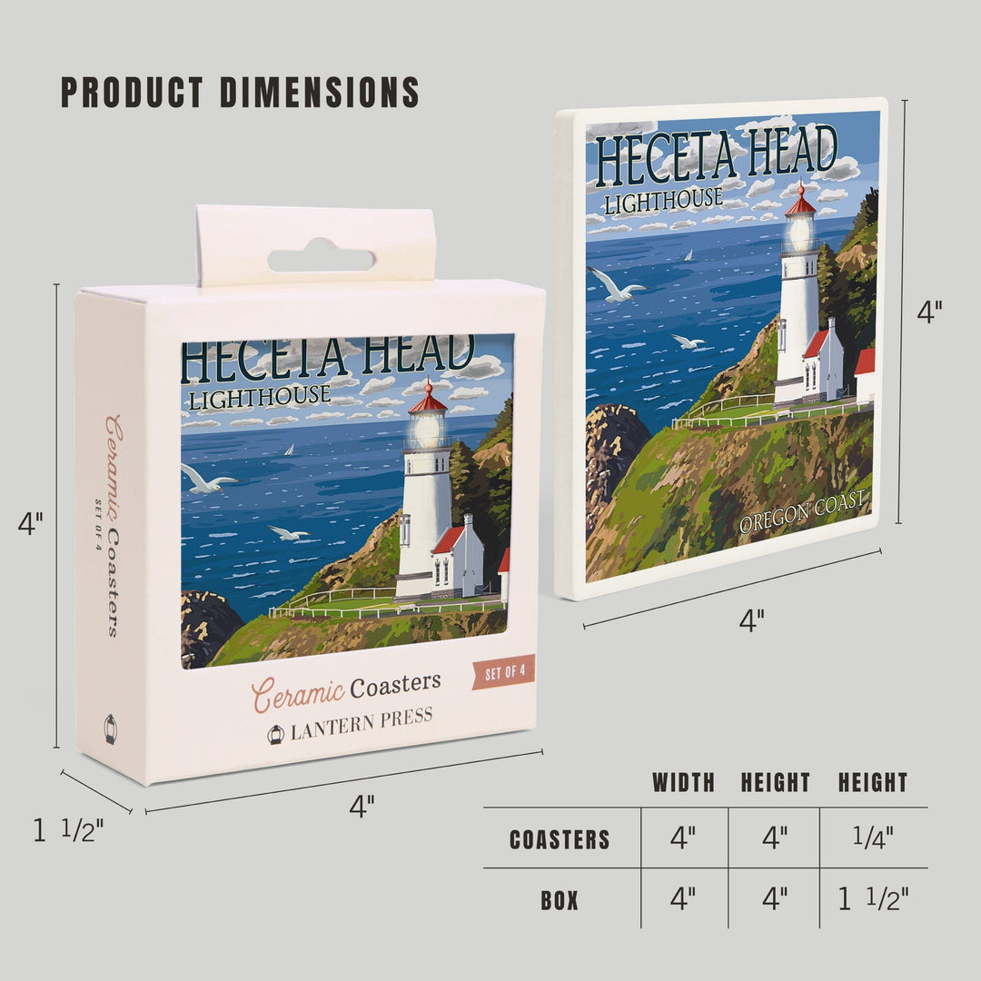 Oregon Coast, Heceta Head Lighthouse, Lantern Press Artwork, Coaster Set Coasters Lantern Press 