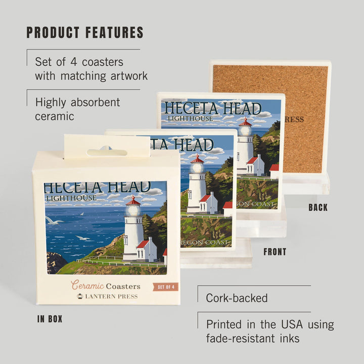 Oregon Coast, Heceta Head Lighthouse, Lantern Press Artwork, Coaster Set Coasters Lantern Press 