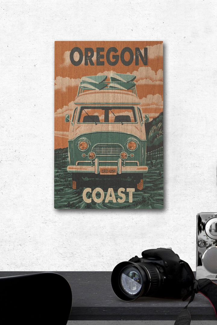 Oregon Coast, Letterpress, Camper Van, Lantern Press Artwork, Wood Signs and Postcards Wood Lantern Press 12 x 18 Wood Gallery Print 
