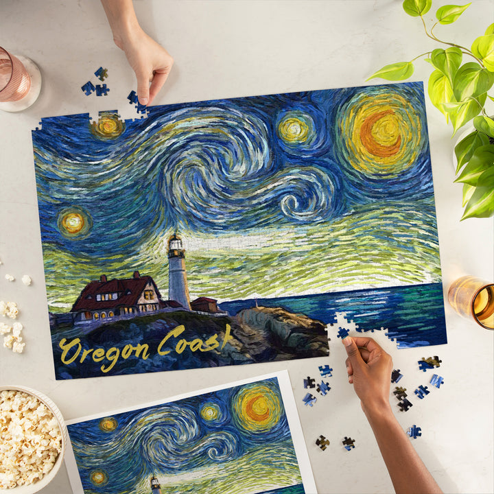 Oregon Coast, Lighthouse, Starry Night, Jigsaw Puzzle Puzzle Lantern Press 