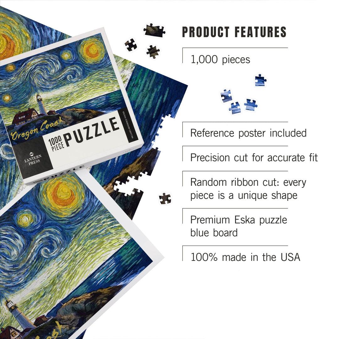 Oregon Coast, Lighthouse, Starry Night, Jigsaw Puzzle Puzzle Lantern Press 