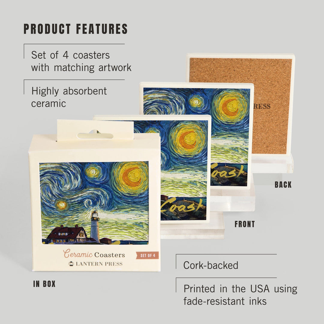 Oregon Coast, Lighthouse, Starry Night, Lantern Press Artwork, Coaster Set Coasters Lantern Press 