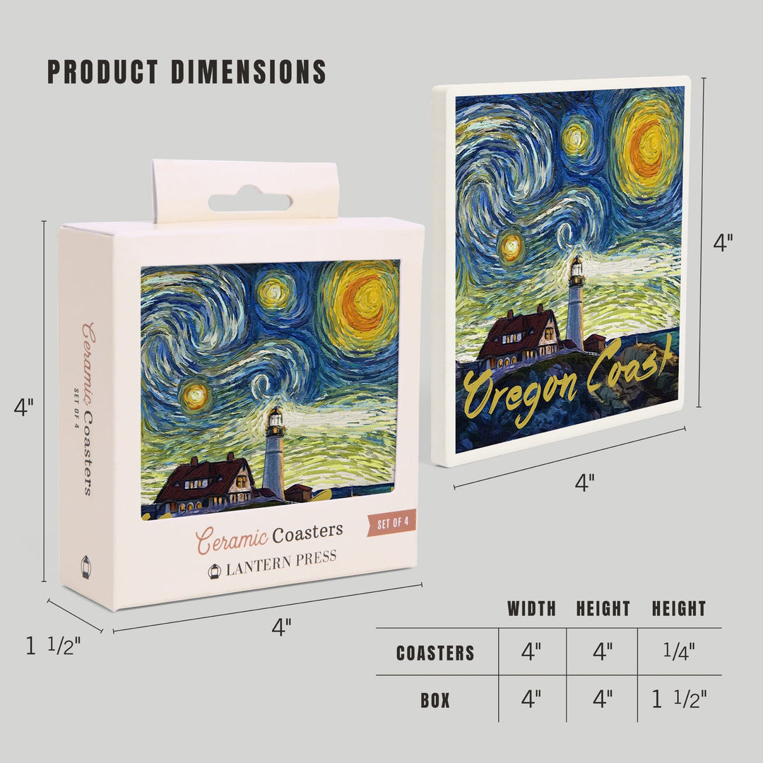 Oregon Coast, Lighthouse, Starry Night, Lantern Press Artwork, Coaster Set Coasters Lantern Press 