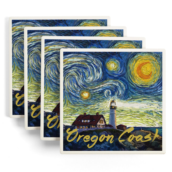 Oregon Coast, Lighthouse, Starry Night, Lantern Press Artwork, Coaster Set Coasters Lantern Press 