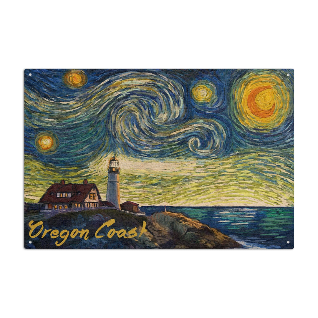 Oregon Coast, Lighthouse, Starry Night, Lantern Press Artwork, Wood Signs and Postcards Wood Lantern Press 10 x 15 Wood Sign 