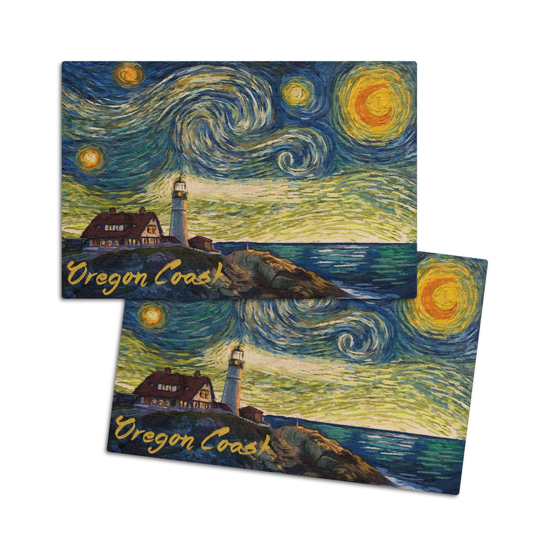 Oregon Coast, Lighthouse, Starry Night, Lantern Press Artwork, Wood Signs and Postcards Wood Lantern Press 4x6 Wood Postcard Set 