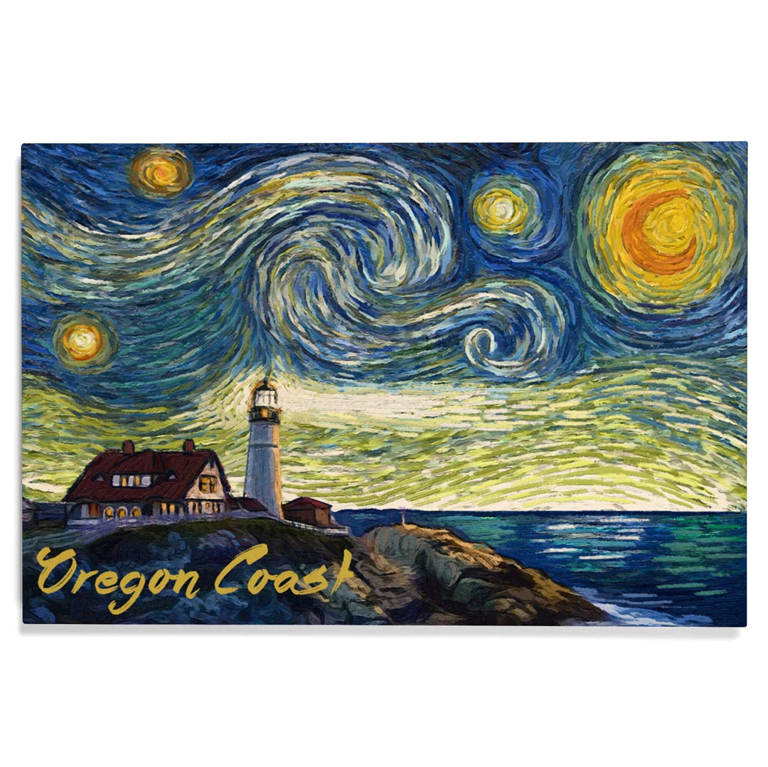Oregon Coast, Lighthouse, Starry Night, Lantern Press Artwork, Wood Signs and Postcards Wood Lantern Press 