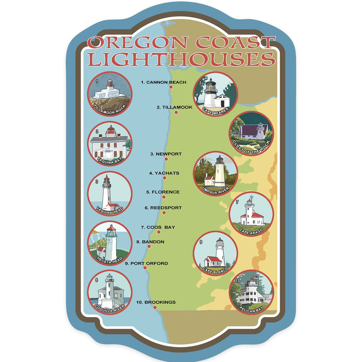 Oregon Coast, Lighthouses, Contour, Vinyl Sticker Sticker Lantern Press 