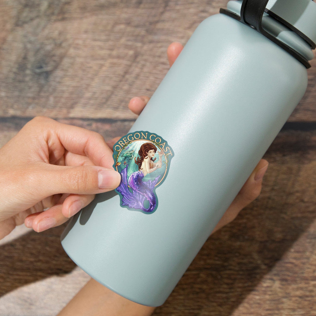 Oregon Coast, Mermaid, Contour, Vinyl Sticker Sticker Lantern Press 