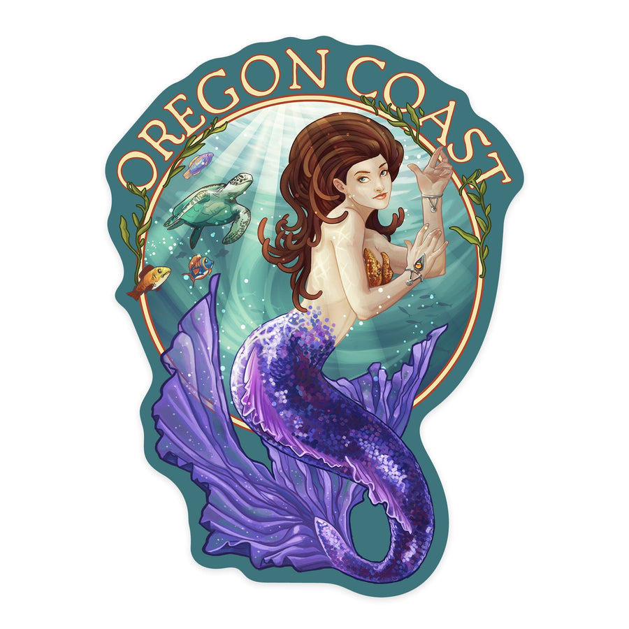 Oregon Coast, Mermaid, Contour, Vinyl Sticker Sticker Lantern Press 