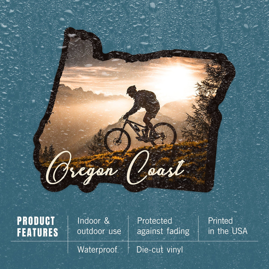 Oregon Coast, Mountain Biker at Sunset, Contour, Vinyl Sticker Sticker Lantern Press 