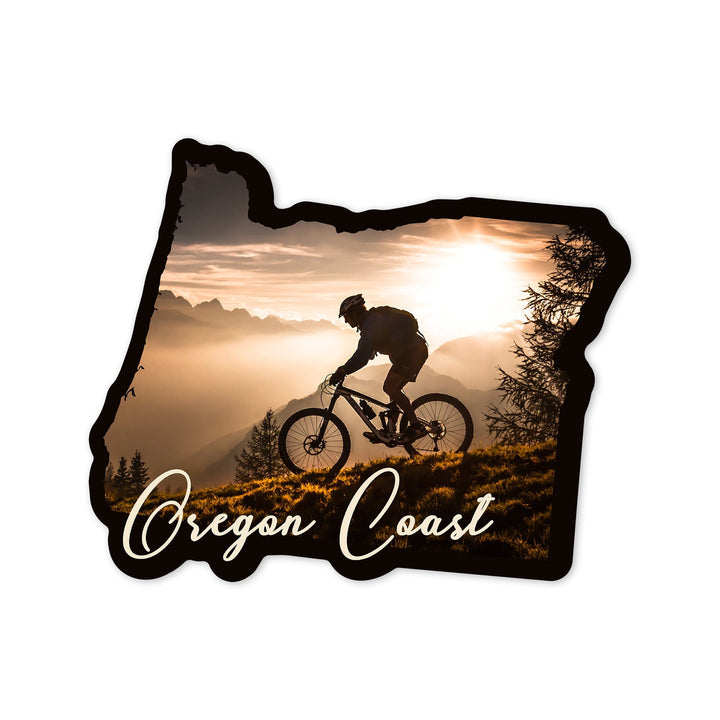 Oregon Coast, Mountain Biker at Sunset, Contour, Vinyl Sticker Sticker Lantern Press 