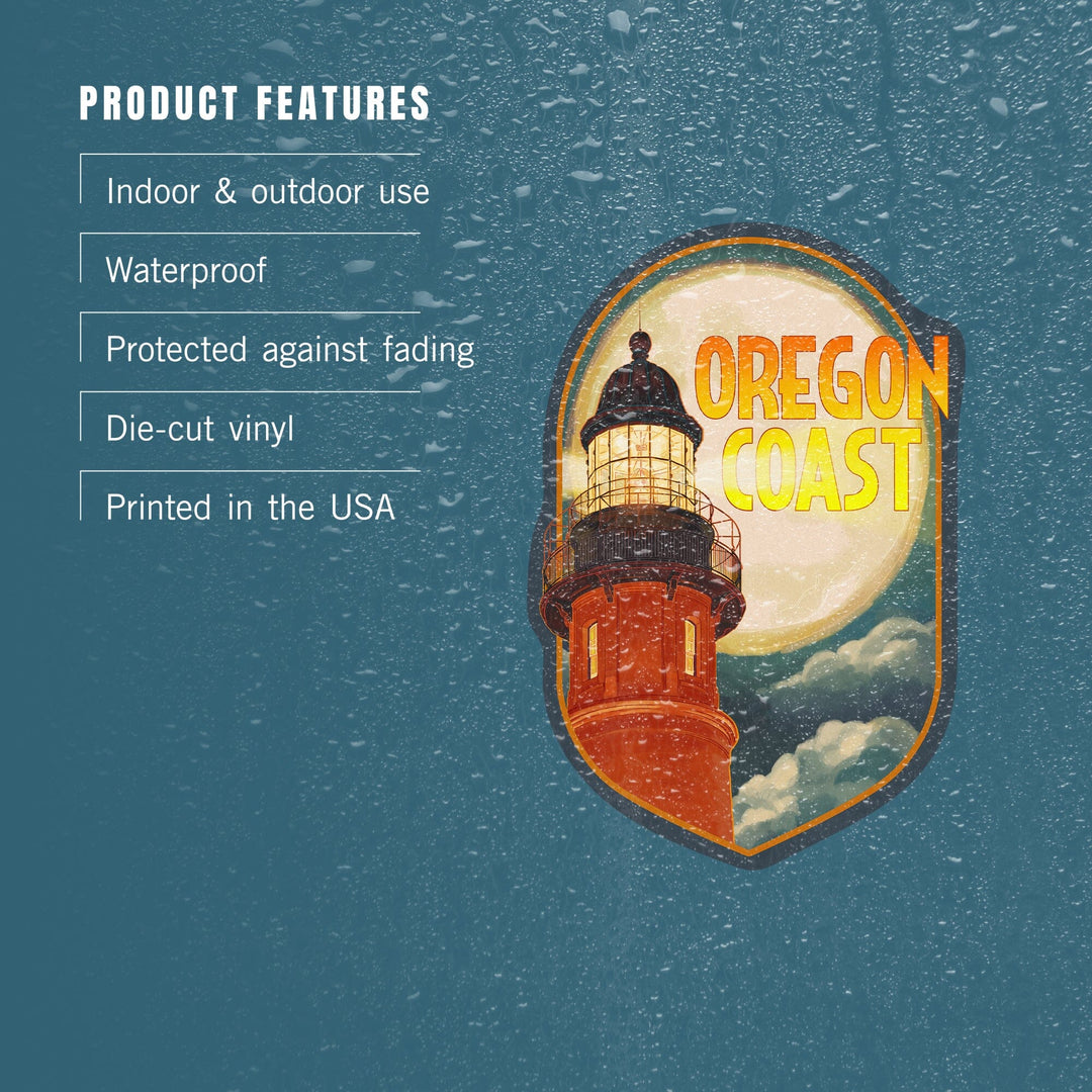Oregon Coast, Oregon, Lighthouse & Moon, Contour, Lantern Press Artwork, Vinyl Sticker Sticker Lantern Press 