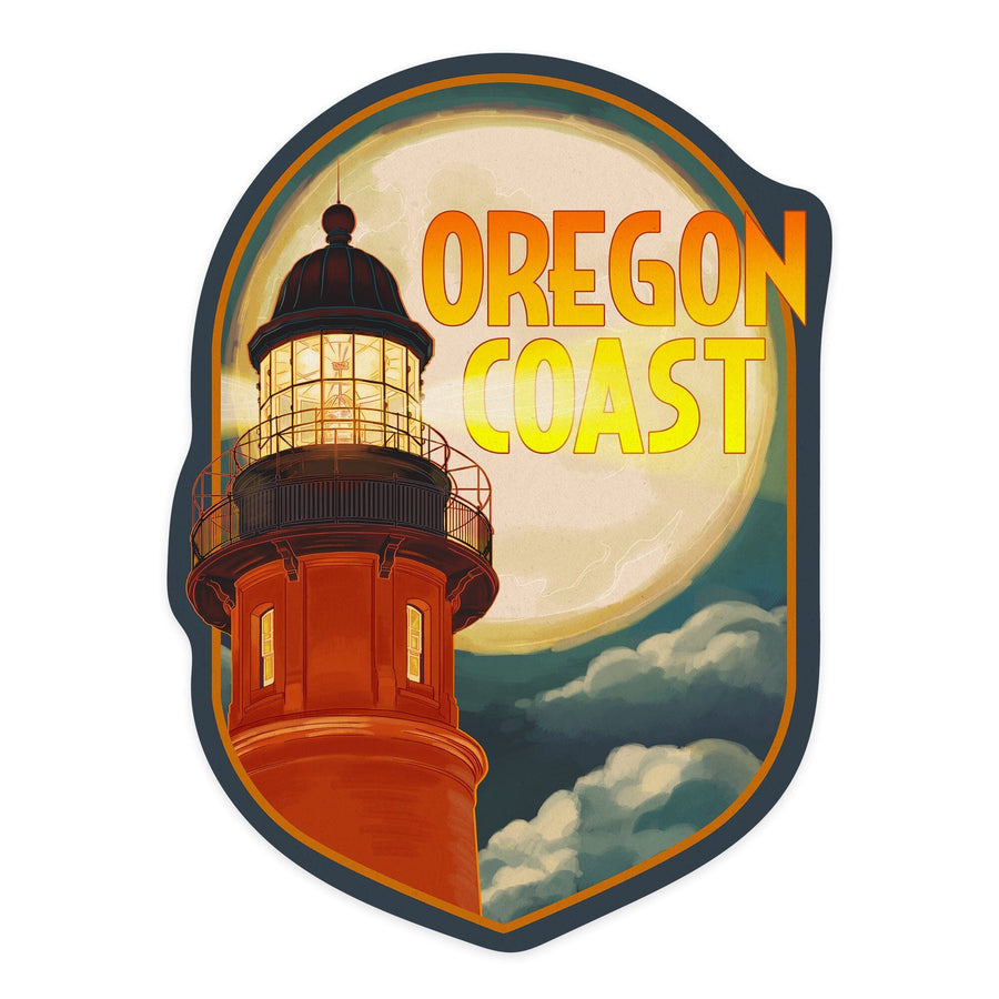 Oregon Coast, Oregon, Lighthouse & Moon, Contour, Lantern Press Artwork, Vinyl Sticker Sticker Lantern Press 