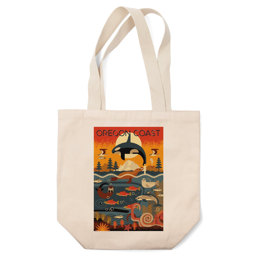 Oregon Coast, Oregon, Marine Animals, Geometric, Lantern Press Artwork, Tote Bag Totes Lantern Press 