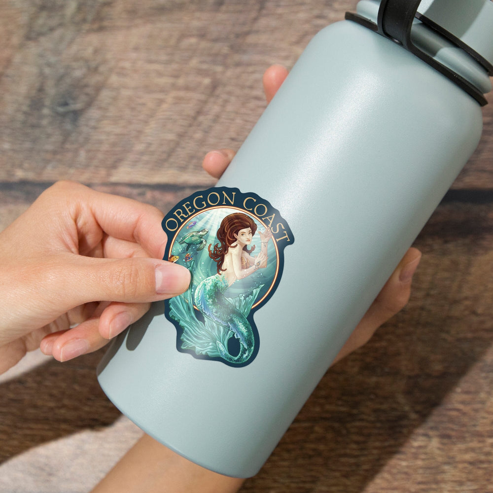 Oregon Coast, Oregon, Mermaid, Contour, Vinyl Sticker Sticker Lantern Press 