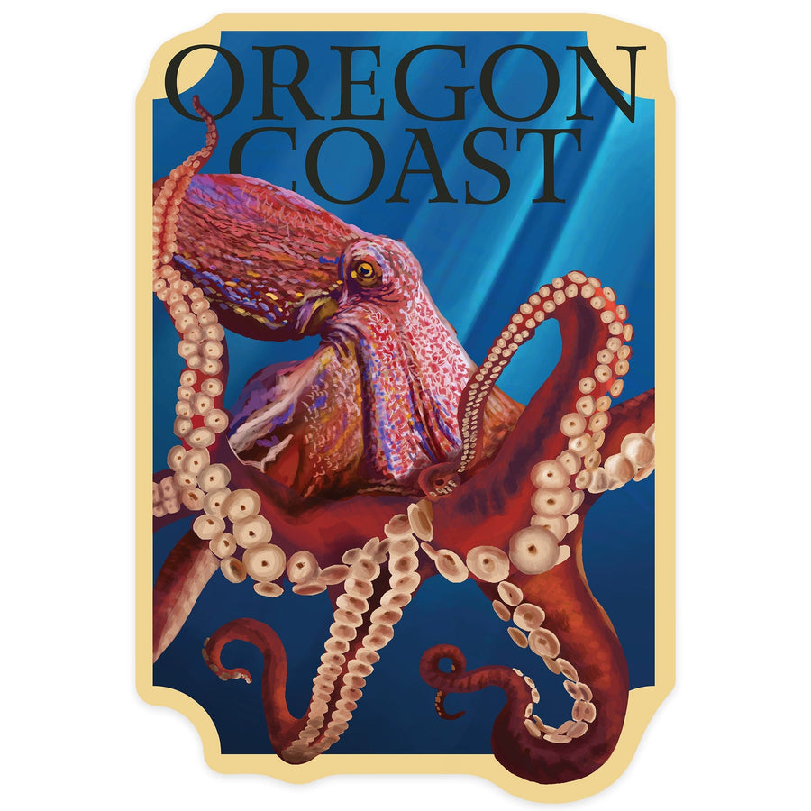 Oregon Coast, Red Octopus, Contour, Lantern Press Artwork, Vinyl Sticker Sticker Lantern Press 