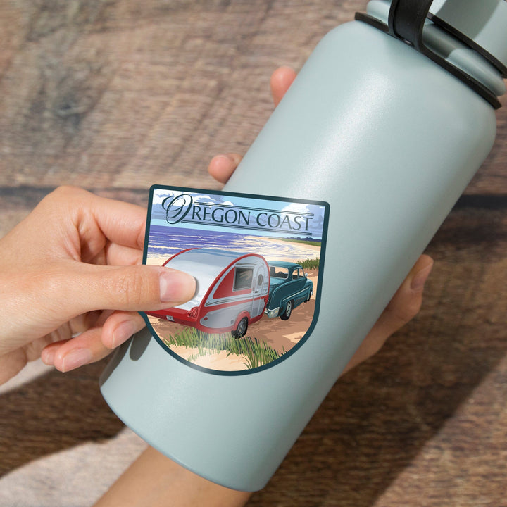 Oregon Coast, Retro Camper on Beach, Contour, Vinyl Sticker Sticker Lantern Press 