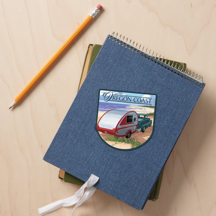 Oregon Coast, Retro Camper on Beach, Contour, Vinyl Sticker Sticker Lantern Press 