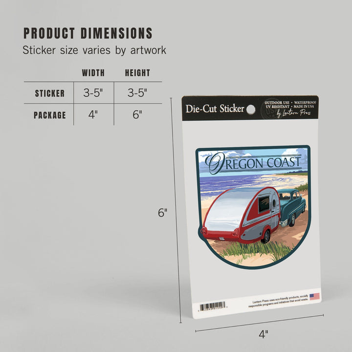 Oregon Coast, Retro Camper on Beach, Contour, Vinyl Sticker Sticker Lantern Press 
