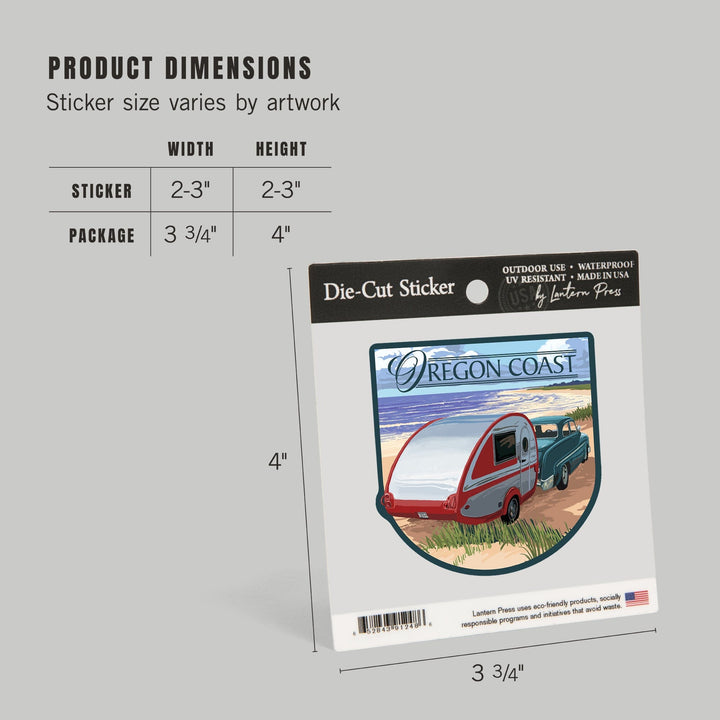 Oregon Coast, Retro Camper on Beach, Contour, Vinyl Sticker Sticker Lantern Press 