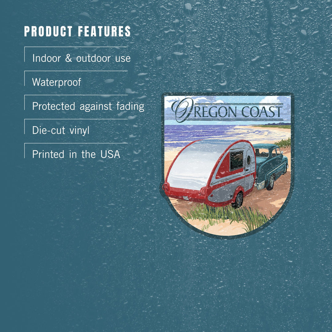 Oregon Coast, Retro Camper on Beach, Contour, Vinyl Sticker Sticker Lantern Press 