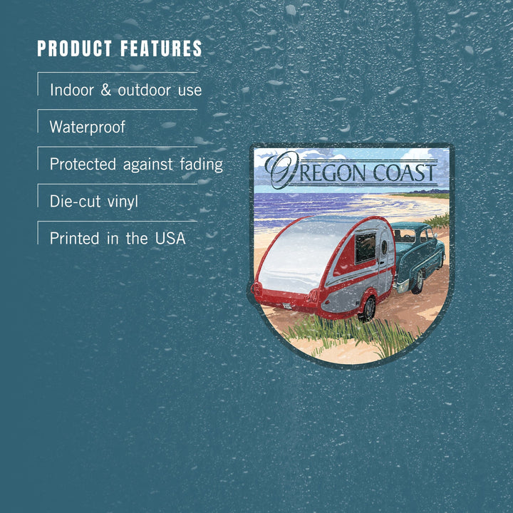 Oregon Coast, Retro Camper on Beach, Contour, Vinyl Sticker Sticker Lantern Press 
