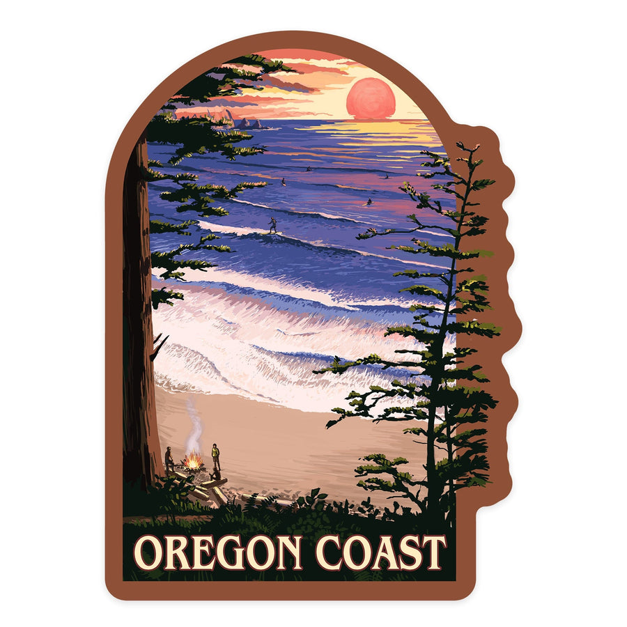 Oregon Coast, Sunset Surfers, Contour, Vinyl Sticker Sticker Lantern Press 