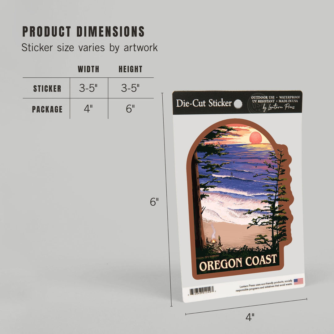 Oregon Coast, Sunset Surfers, Contour, Vinyl Sticker Sticker Lantern Press 